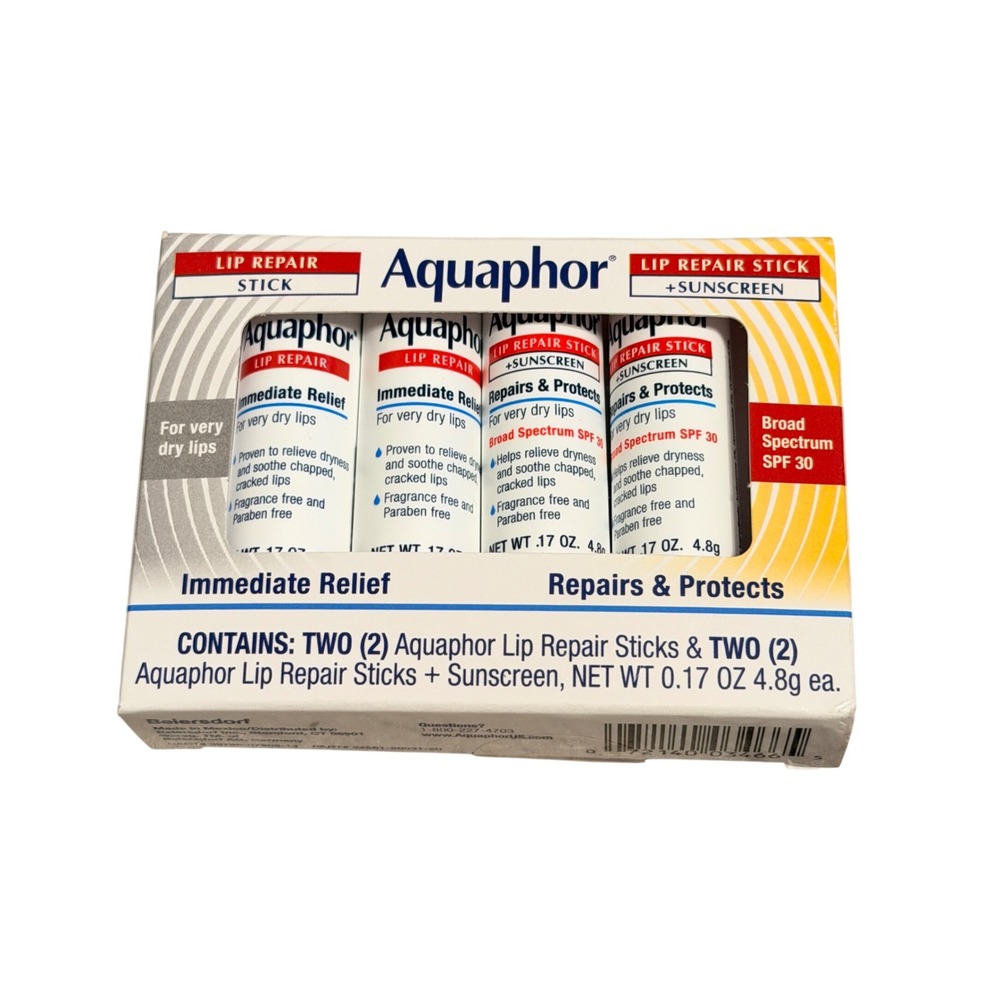 Aquaphor Lip Repair Stick 4 Pack Immediate Relief & SPF 30 Sunscreen‎ 0.17oz ea